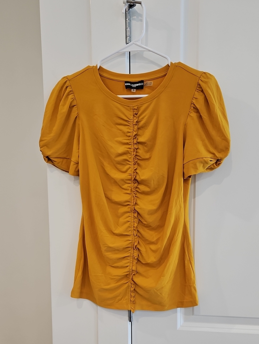 Karl Lagerfeld Mustard Ruched Center Puff Sleeve Tee